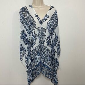 NWT Two Vince Camuto swimsuit Cover-Up V-Neck Tunic Blue XS/S mosaic isle floral